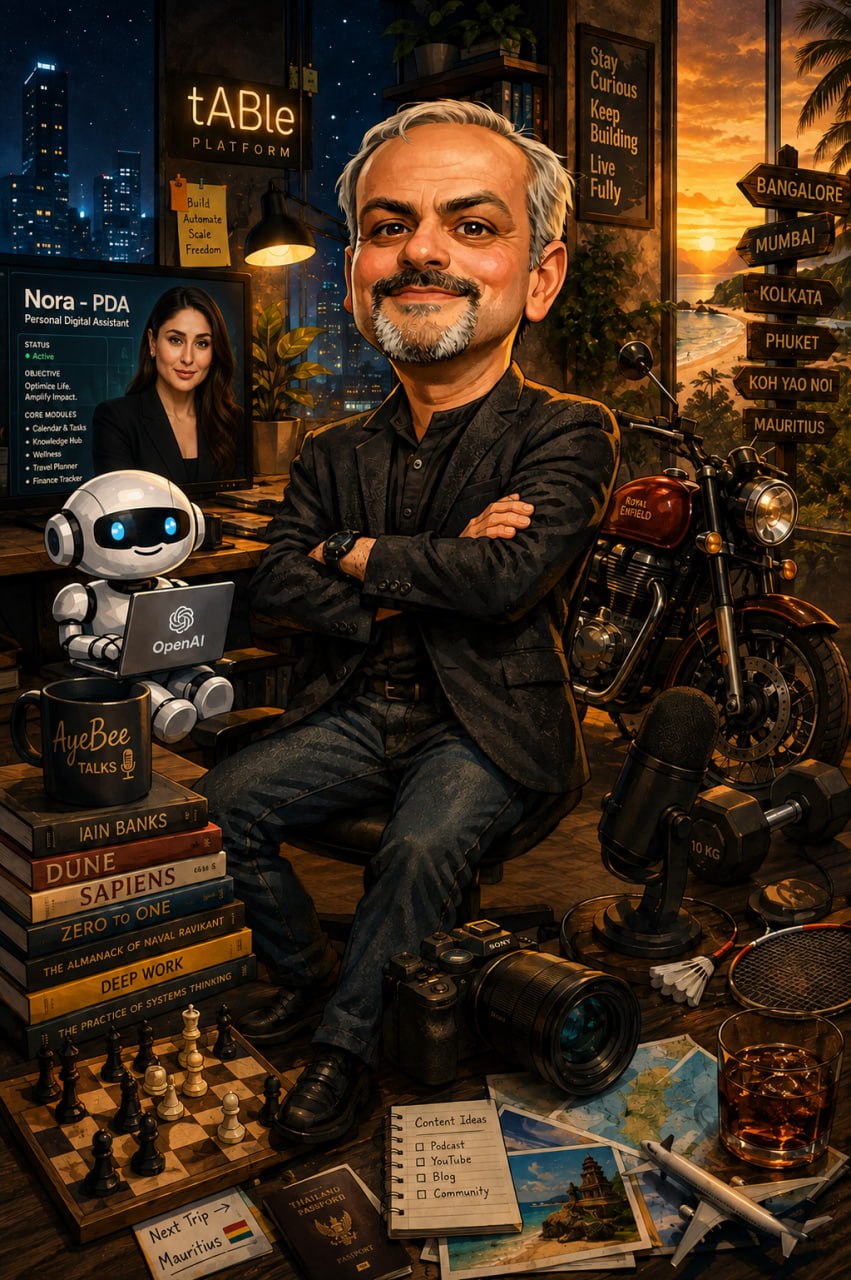 Illustration of Agnishwar Banerjee in his workspace, surrounded by books, a chessboard, a robot assistant and city signs